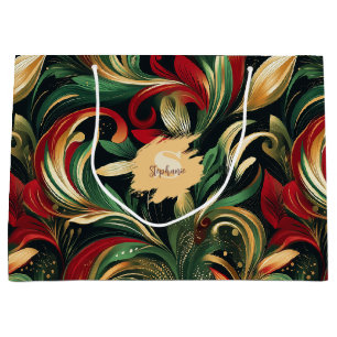 Grand Sac Cadeau Élégant Rouge, Vert & Or Abstrait Feuilles de marg