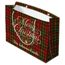 Élégant Script Joyeux Noël Nom de Famille Carreaux