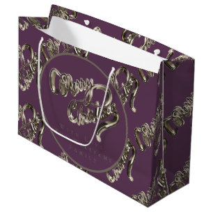 Grand Sac Cadeau Élégant Script Motif Eggplant Purple Noël