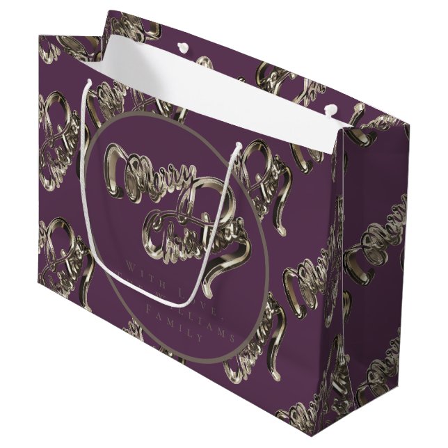 Grand Sac Cadeau Élégant Script Motif Eggplant Purple Noël (Devant Angle)
