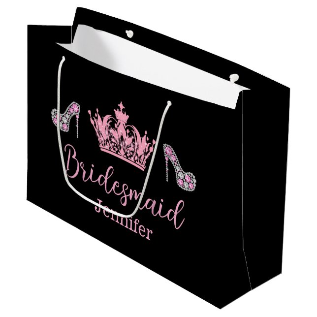 Grand Sac Cadeau élégant script rose bridesmaid noir (Devant Angle)