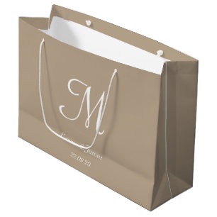 Grand Sac Cadeau Elégant Taupe & Monogramme Nom Mariage Fête 