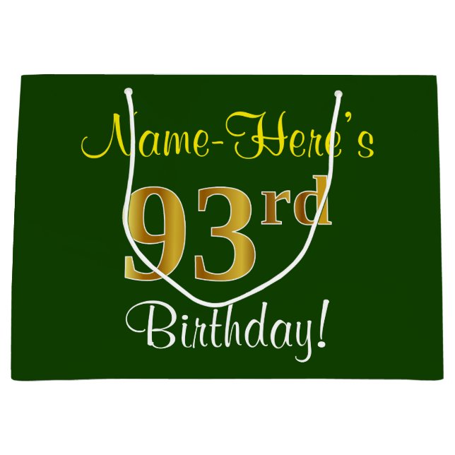 Grand Sac Cadeau Elégant, Vert, Faux Gold 93ème anniversaire + Nom (Devant)