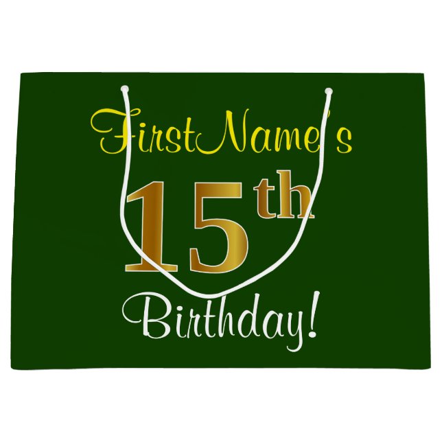 Grand Sac Cadeau Elégant, Vert, Faux Or 15ème anniversaire + Nom (Devant)