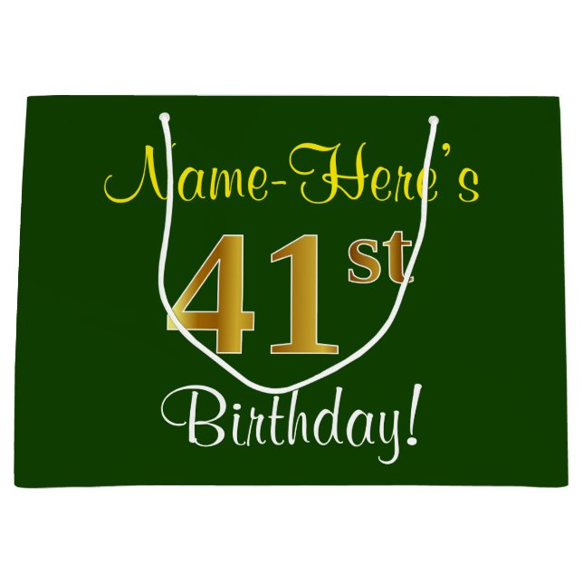 Grand Sac Cadeau Elégant, Vert, Faux Or 41ème Anniversaire + Nom (Devant)
