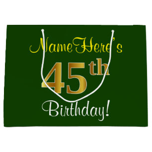 Grand Sac Cadeau Elégant, Vert, Faux Or 45ème Anniversaire + Nom