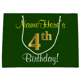 Grand Sac Cadeau Elégant, Vert, Faux Or 4ème Anniversaire + Nom