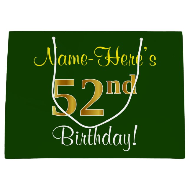 Grand Sac Cadeau Elégant, Vert, Faux Or 52ème Anniversaire + Nom (Devant)