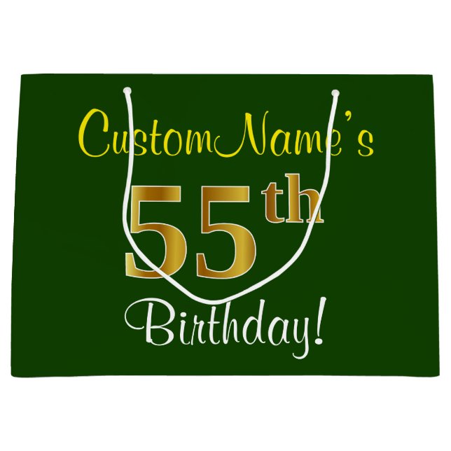 Grand Sac Cadeau Elégant, Vert, Faux Or 55ème anniversaire + Nom (Devant)