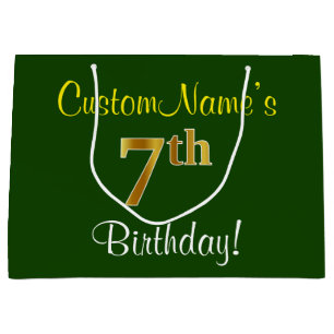 Grand Sac Cadeau Élégant, Vert, Faux Or 7ème anniversaire + Nom