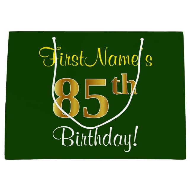 Grand Sac Cadeau Elégant, Vert, Faux Or 85ème Anniversaire + Nom (Devant)