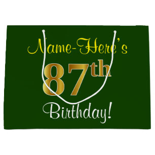 Grand Sac Cadeau Elégant, Vert, Faux Or 87ème Anniversaire + Nom