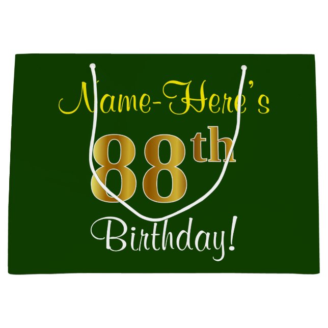 Grand Sac Cadeau Elégant, Vert, Faux Or 88ème Anniversaire + Nom (Devant)