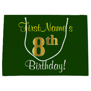 Grand Sac Cadeau Elégant, Vert, Faux Or 8ème anniversaire + Nom
