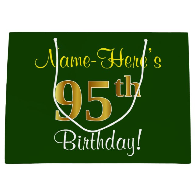 Grand Sac Cadeau Elégant, Vert, Faux Or 95ème Anniversaire + Nom (Devant)