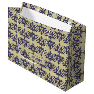 Grand Sac Cadeau Elégant vintage damassé marine bleu jaune monogram