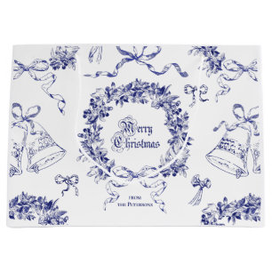 Grand Sac Cadeau Élégant Vintage Joyeux Noël Blue Wreath Bows