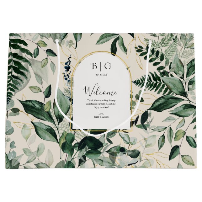 Grand Sac Cadeau Elégante aquarelle beige Verdure Accueil mariage (Devant)