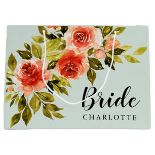 Grand Sac Cadeau Elégante Aquarelle Rouge Vert Floral Bride