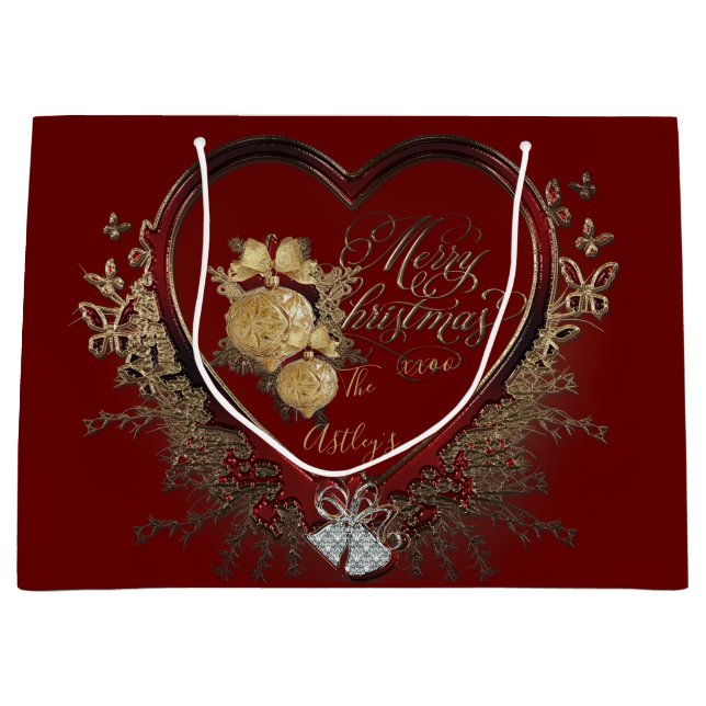Grand Sac Cadeau Élégante coutume de coeur victorien rouge-or (Devant)