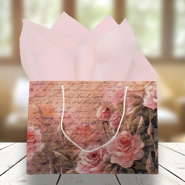 Grand Sac Cadeau Élégante écriture manuscrite florale Rose (Créateur téléchargé)