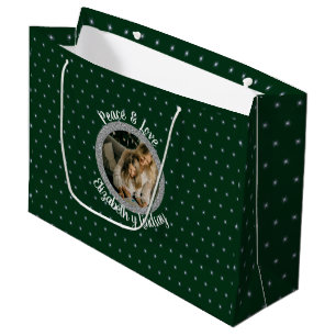 Grand Sac Cadeau Élégante Étoiles de Noël Photo & Nom Vert