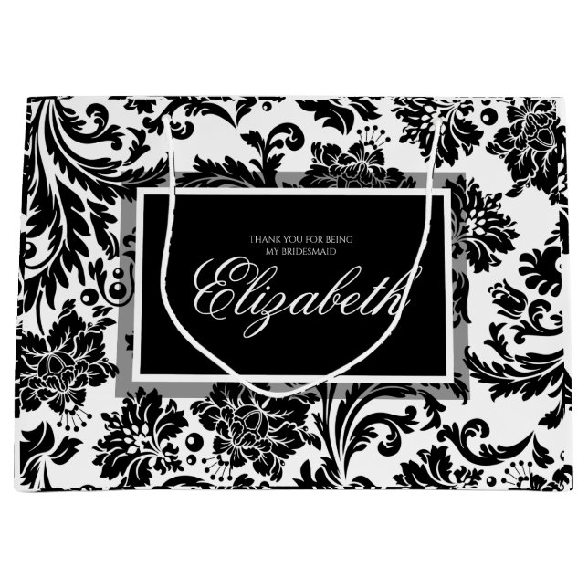 Grand Sac Cadeau Élégante femme de chambre damasée noire et blanche (Devant)