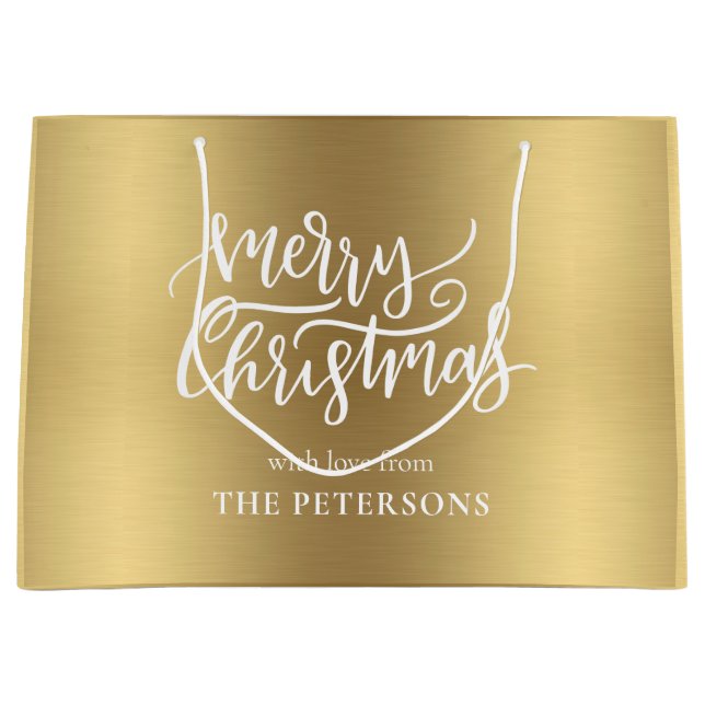 Grand Sac Cadeau Élégante Gold Merry Calligraphie de Noël avec nom (Devant)