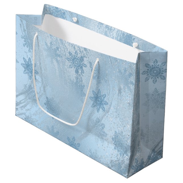 Grand Sac Cadeau Élégante parties scintillant bleue marbre flocons  (Devant Angle)