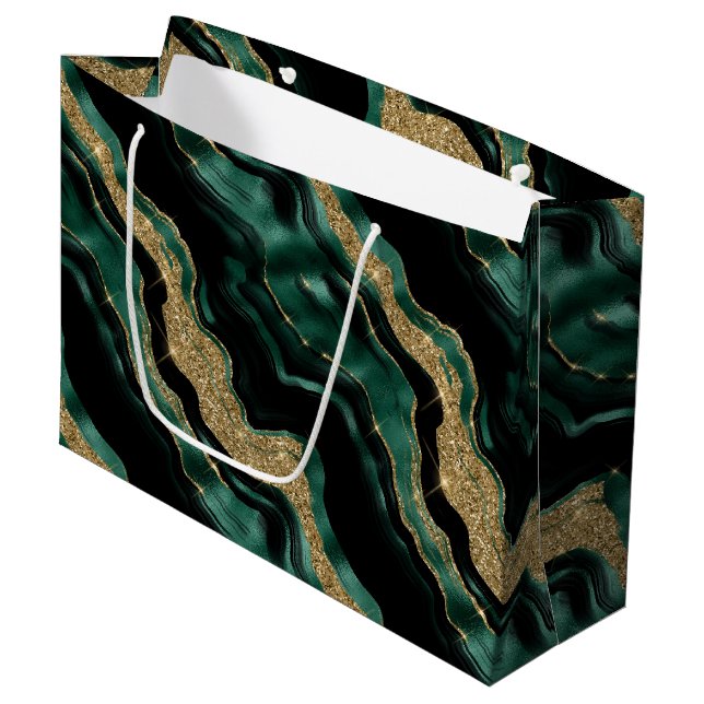 Grand Sac Cadeau Elégante Parties scintillant verte et or Agate Ann (Devant Angle)