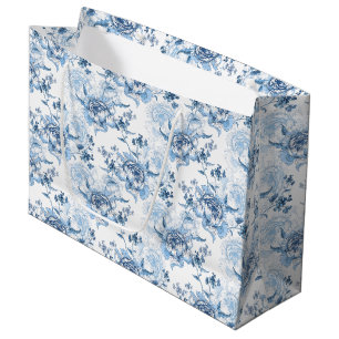 Grand Sac Cadeau Élégantes pivoines gravées en bleu et blanc