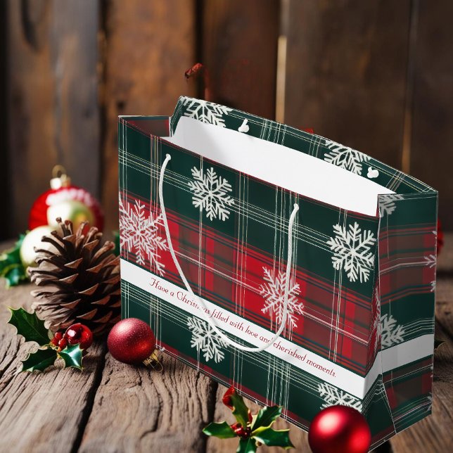 Grand Sac Cadeau Élégants Snowflakes rouges et verts plaid motif (Elegant Red and Green Snowflakes plaid patterns Large Gift Bag)