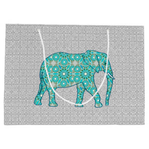 Grand Sac Cadeau Eléphant de Fleur Mandala, Turquoise, Gris & Blanc