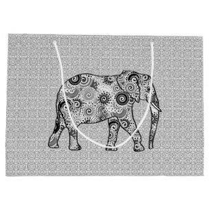 Grand Sac Cadeau Eléphant fractal, gris, noir et blanc