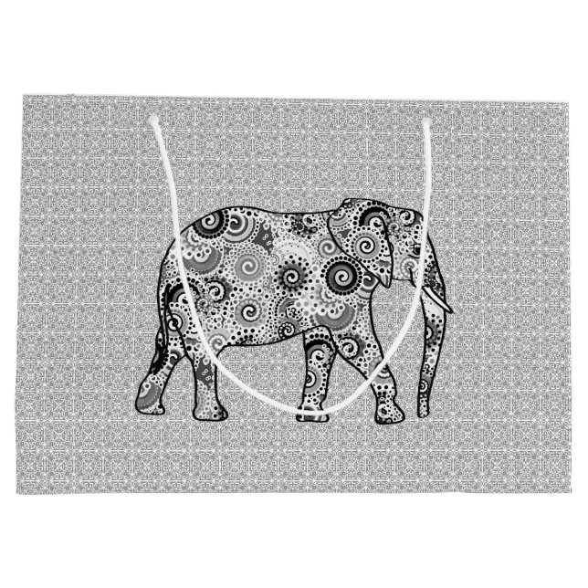 Grand Sac Cadeau Eléphant fractal, gris, noir et blanc (Dos)