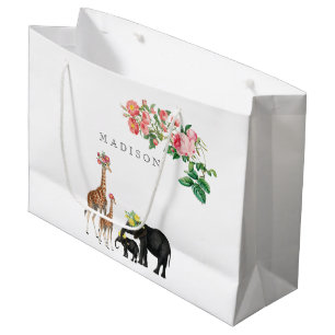 Grand Sac Cadeau Eléphant mignon et girafe Floral Nom personnalisé