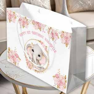Grand Sac Cadeau Eléphant mignon fille rose blanc 1er anniversaire