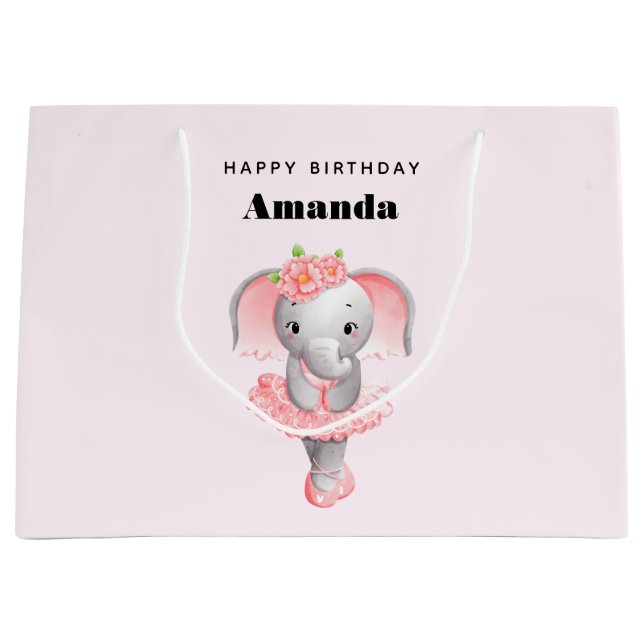 Grand Sac Cadeau Eléphant rose et gris doux Ballerina Anniversaire (Devant)