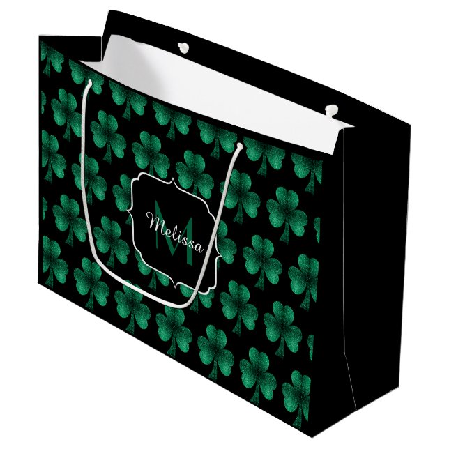 Grand Sac Cadeau Emerald Green Sparkle Shamrock noir Monogramme (Devant Angle)
