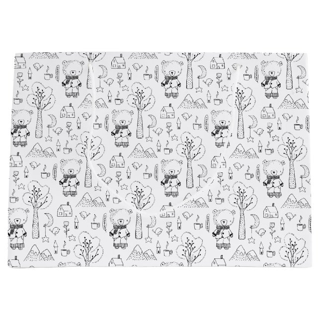 Grand Sac Cadeau Enfant Noël Noir & Blanc Nounours d'hiver (Devant)