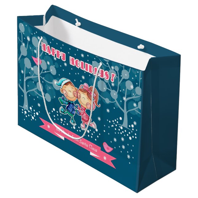 Grand Sac Cadeau Enfants de patinage | Nom personnalisé Noël (Devant Angle)