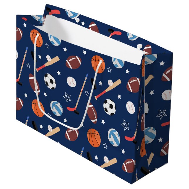 Grand Sac Cadeau Enfants Motif d'équipement sportif sur Blue Annive (Devant Angle)