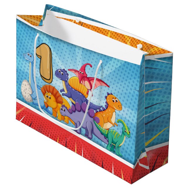 Grand Sac Cadeau ęr Partie de dinosaure d'anniversaire (Devant Angle)