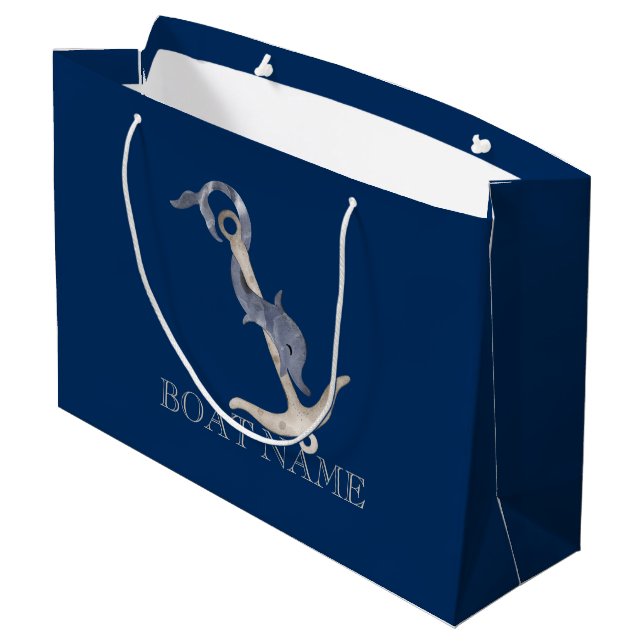 Grand Sac Cadeau Esprit nautique Ancre Dauphin Marine Bleu (Dos Angle)