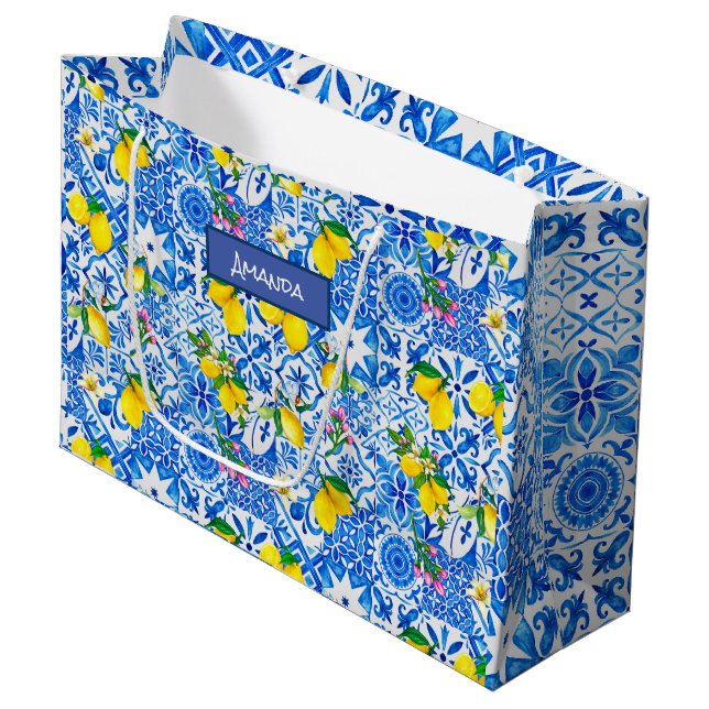 Grand Sac Cadeau Eté majolica bleu Sicilienne agrumes méditerranéen (Devant Angle)