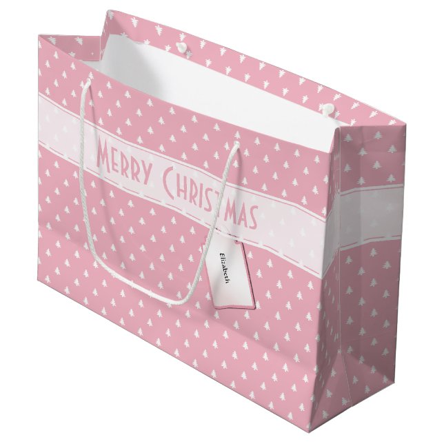 Grand Sac Cadeau Étiquette cadeau : Joyeux Noël motif arbre rose (Devant Angle)