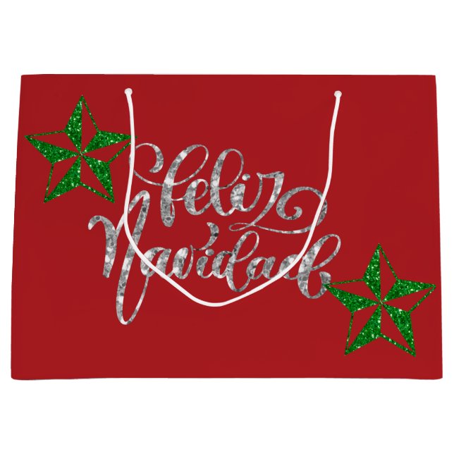 Grand Sac Cadeau Étoile de Noël de la Parties scintillant verte (Devant)