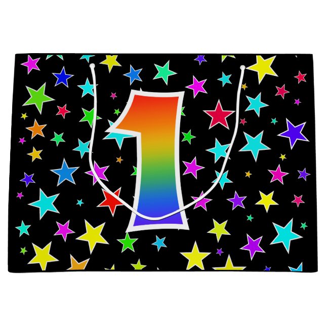 Grand Sac Cadeau Étoiles colorées + Motif arc-en-ciel "1" N° d'évén (Devant)