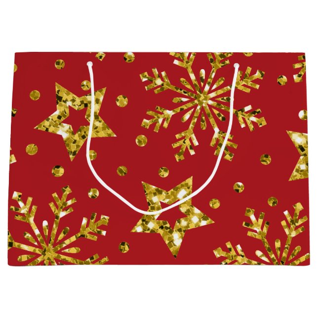 Grand Sac Cadeau Etoiles de Parties scintillant d'or et flocons de  (Devant)