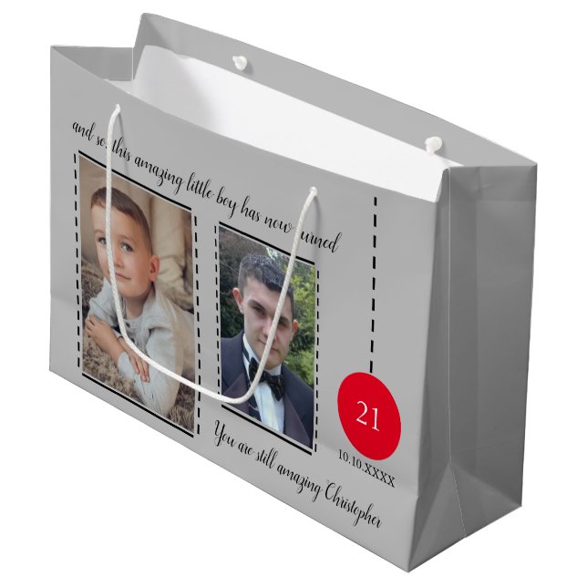 Grand Sac Cadeau Extraordinaire 21e anniversaire nom date gris roug (Devant Angle)